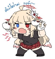  1girl black_skirt black_thighhighs blonde_hair character_request cosplay hair_ornament halo heterochromia highres king_ghidorah king_ghidorah_(cosplay) long_hair nanahoshi_nana_(thai_vtuber) original red_skirt sesield skirt socks solo symbol-shaped_pupils thigh-highs virtual_youtuber white_socks wings 