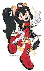  1girl animal_ears artist_name black_dress black_hair boots cat_ears cat_girl cat_tail dress full_body furry furry_female gloves highres honey_the_cat kiioki11 long_hair looking_at_viewer open_mouth red_boots red_dress red_eyes simple_background sleeveless sleeveless_dress solo sonic_(series) tail twintails two-tone_dress v white_background white_gloves 