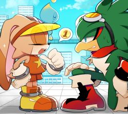 1boy 1girl bird_boy chao_(sonic) cheese_(sonic) cityscape cream_the_rabbit cream_the_rabbit_(riders) furry furry_female furry_male goggles goggles_on_head jet_the_hawk kneeling medal rabbit_girl sonic_(series) sonic_riders sonic_riders_(series) spoken_object sweatdrop theadamay1 thumbs_up visor_cap