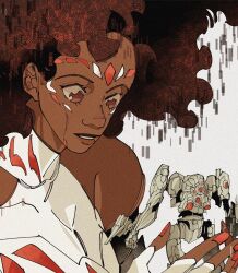  1girl arm_cannon armored_core armored_core_vi:_fires_of_rubicon ayre_(armored_core_vi) brown_eyes brown_lips commentary dark-skinned_female dark_skin drenched-in-sunlight giant giantess grey_background hair_behind_ear highres in_palm looking_down mecha parted_lips red_hair robot science_fiction shirt symbol-only_commentary weapon white_shirt 