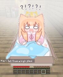  !? 1girl absurdres animal_ears blue_archive box brown_hair cardboard_box cat_ears collared_dress dress drooling english_text explosive game_screenshot_background gameplay_mechanics heart highres horuhara in_box in_container long_hair mari_(blue_archive) minecraft mouth_drool open_mouth pink_dress screenshot_background solo tnt tnt_block_(minecraft) under_covers wavy_mouth wide_oval_eyes 