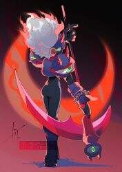  1boy armor ass black_background black_bodysuit bodysuit cosplay crescent_moon double_soul_(mega_man) eraseman.exe eraseman.exe_(cosplay) extra_eyes from_behind full_body gradient_background green_eyes helmet highres holding holding_scythe looking_at_viewer male_focus mask mega_man_(series) mega_man_battle_network_(series) mega_man_battle_network_6 megaman.exe moon mouth_mask netnavi purple_armor purple_helmet red_background red_moon scythe simple_background solo to_i_to_io watermark white_hair 