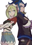  1boy 1girl absurdres adaman_(pokemon) adaman_(special_costume)_(pokemon) blue_eyes blue_hair cowboy_shot crossed_arms denim denim_shorts highres ida_(idalol490) irida_(pokemon) irida_(special_costume)_(pokemon) looking_at_another midriff multicolored_hair official_alternate_costume pokemon pokemon_masters_ex shorts signature simple_background smug two-tone_hair white_background 