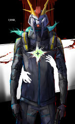  1boy 1girl absurdres aqua_eyes aqua_hair axis_(gundam) blood gun gundam gundam_hathaway&#039;s_flash hathaway_noa highres holding holding_gun holding_weapon hug iknsk mecha mecha_pilot_suit quess_paraya robot twintails twitter_username upper_body v-fin weapon xi_gundam 