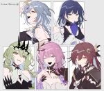 5girls absurdres bare_shoulders black_tank_top blue_eyes blue_gloves blue_hair braid closed_mouth colored_inner_hair commentary_request earrings elysia_(honkai_impact) floating_hair fu_hua gloves green_eyes green_hair grey_hair hair_between_eyes hair_ornament hand_on_own_chin hand_up highres hirako_daishougun honkai_(series) honkai_impact_3rd index_finger_raised jewelry long_hair looking_at_viewer mobius_(honkai_impact) multicolored_hair multiple_girls murata_himeko one_eye_closed open_mouth orange_eyes pink_hair raiden_mei raiden_mei_(apho) redhead side_braid tank_top teeth translation_request upper_body white_background 