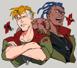  2boys angry armored_core armored_core_vi:_fires_of_rubicon black_undershirt blonde_hair blue_hair collarbone collared_jacket covered_pectorals cropped_torso crossed_arms dark-skinned_male dark_skin dog_tags dreadlocks earclip g4_volta g5_iguazu_(armored_core_vi) green_jacket green_undershirt grey_background jacket logo male_focus multiple_boys muscular muscular_male open_mouth personification refus scar scar_on_arm scar_on_chin scar_on_face side_cut simple_background sleeveless sleeveless_jacket thumbs_down toned toned_male torn_clothes torn_sleeves 
