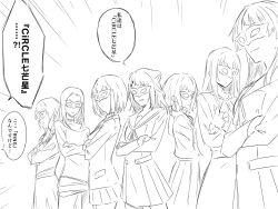  6+girls bang_dream! bang_dream!_it&#039;s_mygo!!!!! closed_mouth crossed_arms greyscale hair_ornament hanasakigawa_school_uniform haneoka_school_uniform highres kanade_(kanade_3344) kurata_mashiro long_hair mask masquerade_mask minato_yukina monochrome multiple_girls open_mouth pleated_skirt school_uniform short_hair skirt star_(symbol) star_hair_ornament takamatsu_tomori toyama_kasumi translation_request tsukinomori_school_uniform tsurumaki_kokoro wakana_rei 