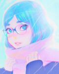  1girl backlighting black_coat blue_background blue_eyes blue_hair bob_cut bright_pupils close-up coat eyelashes glasses hands_up highres ilya_kuvshinov lips looking_at_viewer original parted_lips pink_lips pink_scarf portrait scarf short_hair solo thick_eyebrows 