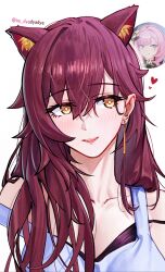  1girl absurdres animal_ears black_bra bra bra_peek breasts bright_pupils cat_ears collarbone commentary dyadyadya earrings eden_(honkai_impact) elysia_(honkai_impact) game_screenshot_inset hair_between_eyes hair_over_shoulder heart highres honkai_(series) honkai_impact_3rd jewelry kemonomimi_mode long_hair medium_breasts portrait red_hair smile solo strap_slip tank_top tongue tongue_out twitter_username underwear white_pupils white_tank_top yellow_eyes 