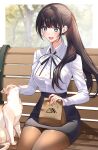  1girl absurdres bag bench bow bowtie brown_hair cat collared_shirt commission food grey_eyes highres office_lady original pantyhose paper_bag pencil_skirt pixiv_commission ponytail shirt sino42 sitting skirt smile upper_body white_shirt 