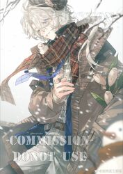 1boy coat commission flower highres open_mouth original plaid_clothes plaid_scarf scarf short_hair smile snow solo tacfigure watermark weibo_logo weibo_watermark white_flower white_hair winter_clothes