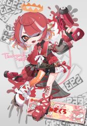  1girl absurdres asymmetrical_footwear black_shorts black_sleeves bow braid collared_shirt commentary_request commission corset crown dapple_dualies_(splatoon) dual_wielding earrings fangs feather_earrings feathers floating_crown flower footwear_bow footwear_flower full_body gradient_hair hair_flower hair_ornament hair_over_one_eye hair_ribbon highres holding holding_weapon inkling inkling_girl inkling_player_character jewelry long_sleeves mismatched_footwear multicolored_hair neck_ribbon open_mouth orange_crown orange_hair orange_thighhighs pink_flower pointy_ears puchiman red_bow red_eyes red_flower red_hair red_ribbon red_shoes ribbon second-party_source see-through_clothes see-through_sleeves shirt shoes shorts single_braid single_thighhigh smile solo splashtag_(splatoon) splatoon_(series) splatoon_3 swept_bangs tentacle_hair thank_you thigh-highs weapon white_bow white_flower white_hair white_ribbon white_shoes white_wrist_cuffs wrist_cuffs 