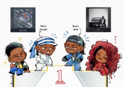  1girl 3boys ^_^ american_football_(object) backwards_hat ball baseball_cap black_shirt blue_jacket blue_pants brown_eyes chibi closed_eyes dark-skinned_female dark-skinned_male dark_skin denim dj_mustard drenched-in-sunlight dual_persona earrings english_commentary english_text frown gnx_(kendrick_lamar) hair_behind_ear hat jacket jeans jewelry kendrick_lamar laughing multiple_boys necklace not_like_us open_mouth pants parted_lips real_life red_hair red_jacket red_pants red_shirt red_shoes shirt shoes sitting smile sparkle sweatpants sza_(singer) twitter_username v-shaped_eyebrows white_hat white_jacket white_pants white_shirt yellow_jacket 