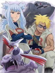  2boys absurdres attila_(pokemon) belt black_boots blonde_hair boots closed_mouth commentary_request crossed_arms grey_eyes highres holding holding_poke_ball hun_(pokemon) logo long_hair long_sleeves looking_at_viewer looking_down male_focus muk multiple_boys open_mouth pants poke_ball pokemoa pokemon pokemon_(anime) pokemon_(classic_anime) shirt short_hair skarmory steelix sunglasses team_rocket team_rocket_uniform teeth tongue wristband 