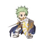  1boy armor armored_boots belt black_belt blue_cape boots breastplate cape chibi cross fighting_stance full_body gauntlets green_eyes green_hair holding holding_shield holding_sword holding_weapon leg_armor looking_afar male_focus official_art open_mouth paladin_(ragnarok_online) pauldrons ragnarok_online scabbard scar scar_on_face sheath shield shoulder_armor simple_background solo spiky_hair standing sword tachi-e transparent_background v weapon yuichirou 