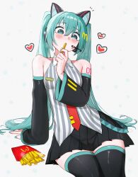  1girl absurdres animal_ears aqua_eyes aqua_hair aqua_nails arm_support black_skirt black_sleeves black_thighhighs blush cat_ears detached_sleeves eating english_commentary fake_animal_ears food grey_shirt hatsune_miku headset heart highres holding holding_food long_hair mcdonald&#039;s shakacat shirt simple_background skirt solo striped_clothes striped_shirt thigh-highs twintails two-tone_shirt vocaloid waligner white_background white_shirt 