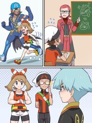  1girl 4boys absurdres alternate_muscle_size archie_(pokemon) bandana bike_shorts bike_shorts_under_shorts brendan_(pokemon) exercising glasses highres maxie_(pokemon) may_(pokemon) multiple_boys muscular muscular_female opaque_glasses pokemoa pokemon pokemon_oras red_bandana running shorts simple_background sitting smile standing steven_stone teaching 