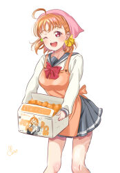  1girl ;d ahoge blush bow bowtie box braid clover_hair_ornament commentary_request feet_out_of_frame food fruit grey_sailor_collar grey_skirt hair_bow hair_ornament holding holding_box iroenpitsu_xxx long_sleeves looking_at_viewer love_live! love_live!_sunshine!! mandarin_orange mikan_box miniskirt one_eye_closed open_mouth orange_hair pleated_skirt red_bow red_bowtie red_eyes sailor_collar school_uniform serafuku shirt short_hair side_braid signature simple_background skirt smile solo standing takami_chika uranohoshi_school_uniform white_background white_shirt winter_uniform yellow_bow 