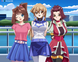 3girls arms_behind_back blonde_hair blue_eyes blue_skirt boat brown_hair duel_academy_uniform_(yu-gi-oh!_gx) happy izayoi_aki mazaki_anzu orange_eyes polygon red_dress red_hair river school_uniform sincity2100 tenjouin_asuka turtleneck yellow_eyes yuu-gi-ou yuu-gi-ou_5d's yuu-gi-ou_duel_monsters yuu-gi-ou_gx