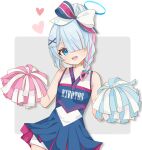  1girl absurdres arona_(blue_archive) blue_archive blue_eyes blue_hair blue_halo braid cheerleader choker cowboy_shot hair_over_one_eye halo heart highres holding holding_pom_poms looking_at_viewer official_alternate_costume open_mouth pom_pom_(cheerleading) revision saekiya_sabou short_hair single_braid smile solo white_choker 