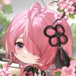  1girl cherry_blossoms chibi clothes covered_eyes earrings flower hair_ornament hair_over_one_eye hairclip jewelry long_sleeves looking_at_viewer outdoors pink_eyes pink_hair taoqi_(wuthering_waves) tree violet_eyes wuthering_waves yuden6969 
