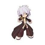  1boy aiming aiming_at_viewer baggy_pants brown_coat brown_gloves brown_pants chibi closed_mouth coat dual_wielding frown full_body fur-trimmed_sleeves fur_trim gloves grey_eyes grey_hair gun gunslinger_(ragnarok_online) hair_between_eyes hair_over_one_eye handgun holding long_bangs looking_at_viewer male_focus official_art pants ragnarok_online shoes short_hair simple_background solo standing tachi-e transparent_background v-shaped_eyebrows weapon white_footwear yuichirou 