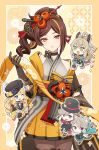  1boy 4girls absurdres animal_ears blonde_hair blue_eyes brown_eyes brown_gloves brown_hair cat_ears cat_tail chiori_(genshin_impact) drill_hair genshin_impact gloves green_eyes grey_kimono hair_ornament hat highres itsumiruka japanese_clothes kimono kirara_(genshin_impact) long_hair looking_at_viewer lynette_(genshin_impact) lyney_(genshin_impact) multicolored_hair multiple_girls navia_(genshin_impact) pantyhose red_eyes skirt tail top_hat violet_eyes yellow_skirt 