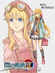  1girl absurdres blonde_hair blue_eyes bow bowtie box breasts eiyuu_densetsu english_commentary floating_hair full_body goggles goggles_around_neck goggles_on_head hair_between_eyes hair_bow hat highres himwi holding holding_box jacket logo long_hair sen_no_kiseki_(series) sen_no_kiseki_iv sidelocks signature simple_background skirt small_breasts sora_no_kiseki suspenders tita_russell toolbox upper_body white_background 