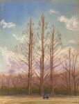  2girls autumn bare_tree blue_sky clouds cloudy_sky day grass highres kneeling multiple_girls nature norako_pastel original painting_(medium) plant sky traditional_media tree 