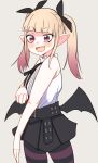  1girl black_skirt blonde_hair blush_stickers eyebrows_hidden_by_hair feet_out_of_frame flat_chest gradient_hair hime-sama_&quot;goumon&quot;_no_jikan_desu himemiya_aisu long_bangs looking_ahead low_wings multicolored_hair pink_eyes pointy_ears sharp_teeth shirt short_twintails simple_background skirt sleeveless sleeveless_shirt slit_pupils smile solo striped_clothes striped_thighhighs teeth thigh-highs twintails vampire vanilla_peschutz white_shirt wings 