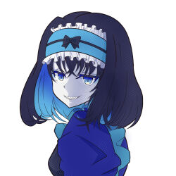  1girl autoscorer blue_dress blue_eyes blue_hair blue_hairband breasts colored_inner_hair dress eyebrows_hidden_by_hair from_side garie_tuman hair_between_eyes hairband highres looking_at_viewer looking_to_the_side makeup mitsuka! multicolored_hair open_mouth senki_zesshou_symphogear sharp_teeth simple_background small_breasts smile solo teeth white_background 