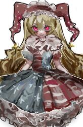  1girl adapted_costume american_flag_dress blonde_hair clownpiece commentary cowboy_shot dress frilled_dress frilled_hairband frills grin hair_between_eyes hairband haniwa_kue highres lolita_hairband long_hair looking_at_viewer makeup multicolored_dress neck_ruff petticoat polka_dot_headwear simple_background smile solo star_(symbol) star_print striped_clothes touhou very_long_hair white_background 