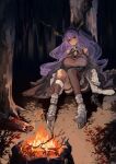  1girl absurdres arknights black_hairband black_horns black_shirt boots breasts campfire coat fake_horns hairband highres horn_hairband horns large_breasts long_hair off_shoulder open_clothes open_coat platform_boots platform_footwear purple_hair rensyu_low shirt single_thighhigh sitting sleeveless sleeveless_shirt thigh-highs typhon_(arknights) white_coat 