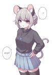  1girl ? alternate_costume alternate_hairstyle animal_ears black_sweater english_text grey_hair hand_on_own_hip highres hihi_(cvwv4322) jewelry looking_at_viewer mouse_ears mouse_girl mouse_tail nazrin pendant red_eyes ribbed_sweater simple_background skirt solo spoken_question_mark sweater tail thigh-highs touhou turtleneck turtleneck_sweater undefined_fantastic_object white_background 