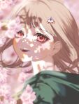  1girl absurdres brown_hair danganronpa_(series) danganronpa_2:_goodbye_despair flipped_hair flower from_side galaga hair_ornament highres hood jacket looking_at_viewer medium_hair mi_loveyouuu nanami_chiaki neck_ribbon pink_eyes portrait ribbon shirt smile solo white_flower 