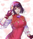  1girl asamiya_athena china_dress chinese_clothes closed_eyes clothing_cutout dress fingerless_gloves gloves hair_ornament hairband idol jewelry lovesick_0 necklace purple_hair red_dress red_hairband salute short_hair shoulder_cutout star_(symbol) star_hair_ornament the_king_of_fighters the_king_of_fighters_xv violet_eyes 