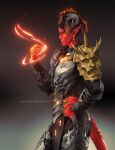  1girl armor artist_name baldur&#039;s_gate baldur&#039;s_gate_3 black_hair black_horns breastplate clenched_hand colored_skin demon_girl demon_horns demon_tail dungeons_&amp;_dragons from_side gradient_background grin hand_on_own_hip hand_up highres horns karlach long_hair profile red_skin redhead shoulder_plates smile solo sunsetagain tail teeth unfinished 