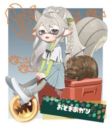  1girl animal_ear_fluff animal_ears border braid commission eyelashes fish_skeleton full_body golden_egg_(splatoon) gradient_background grey_background grey_hair grey_skirt hair_between_eyes highres inkling inkling_girl inkling_player_character long_hair looking_at_viewer mr._grizz_(splatoon) open_mouth outside_border pantyhose pleated_skirt pointy_ears puchiman salmon_run_(splatoon) second-party_source shoes side_braid signature simple_background single_braid sitting skirt smile splashtag_(splatoon) splatoon_(series) splatoon_3 squirrel_ears squirrel_girl squirrel_tail tail teeth tentacle_hair two_side_up violet_eyes white_border white_shoes 
