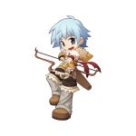  1boy :d ahoge armband arrow_(projectile) blue_eyes blue_hair bow_(weapon) brown_footwear brown_gloves brown_shirt brown_shorts chibi crop_top drawing_bow fingerless_gloves full_body fur-trimmed_gloves fur-trimmed_shirt fur-trimmed_shorts fur_trim gloves grey_pants holding holding_bow_(weapon) holding_weapon looking_at_viewer male_focus midriff official_art open_mouth pants pants_under_shorts quiver ragnarok_online shirt shoes short_hair shorts simple_background sleeveless sleeveless_shirt smile sniper_(ragnarok_online) solo tachi-e transparent_background two-tone_gloves two-tone_shirt weapon yellow_gloves yellow_shirt yuichirou 