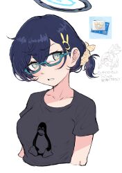  2girls alternate_costume alternate_hairstyle aqua-framed_eyewear arona_(blue_archive) batta_nj black_shirt blue_archive blue_hair blue_halo blush brown_scrunchie chihiro_(blue_archive) collarbone cropped_torso glasses grey_eyes hair_ornament hair_scrunchie halo highres linux multiple_girls ponytail rabbit_hair_ornament scrunchie semi-rimless_eyewear shirt short_hair short_ponytail short_sleeves simple_background t-shirt teeth tux under-rim_eyewear white_background 