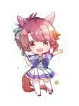  1girl ahoge animal_ears arai_cherry bow bowtie brown_eyes brown_footwear brown_hair chibi dantsu_flame_(umamusume) ear_covers full_body horse_ears horse_girl horse_tail multicolored_hair pleated_skirt puffy_short_sleeves puffy_sleeves purple_bow purple_bowtie purple_shirt sailor_collar sailor_shirt school_uniform shirt short_sleeves skirt solo summer_uniform tail teeth thigh-highs tracen_school_uniform two-tone_hair umamusume upper_teeth_only waist_bow white_hair white_sailor_collar white_skirt white_thighhighs 