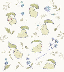  blue_flower branch chicory_(flower) chikorita closed_eyes closed_mouth commentary_request flower grey_background highres holding holding_flower leaf leaf_on_head lying multiple_views no_humans on_back on_stomach open_mouth plant pokemon pokemon_(creature) red_eyes signature simple_background vines walking yurano_(upao) 