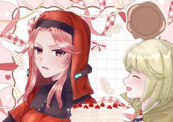  2girls absurdres blonde_hair cake deerstalker food happy hat heaven_burns_red highres irene_redmayne maria_de_angelis multiple_girls nun red_eyes red_hair sakura_illu short_hair veil yellow_eyes 