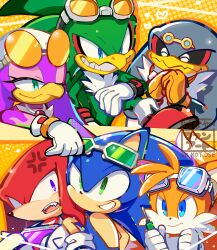 1girl 5boys anger_vein eyewear_on_head furry furry_female furry_male glasses goggles goggles_on_head grin hanadahanaya jet_the_hawk knuckles_the_echidna knuckles_the_echidna_(riders) multiple_boys screwdriver smile sonic_(series) sonic_riders sonic_riders_(series) sonic_the_hedgehog sonic_the_hedgehog_(riders) storm_the_albatross tails_(sonic) tails_(sonic)_(riders) wave_the_swallow