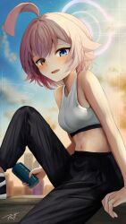  1girl absurdres ahoge alternate_costume alternate_hairstyle amagasa_higashi black_pants black_shoes blue_archive blue_eyes breasts can city clouds cloudy_sky drink_can evening halo heterochromia highres holding holding_can hoshino_(blue_archive) midriff multicolored_shoes navel open_mouth pants pink_hair pink_halo shoes short_hair signature sky small_breasts smile sports_bra sportswear stomach white_shoes white_sports_bra yellow_eyes yoga_pants 