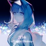  1girl animal_ears backpack bag blue_background bowknot_huhu breasts closed_mouth danganronpa_(series) danganronpa_2:_goodbye_despair dated fake_animal_ears from_side happy_birthday highres hood hood_up jacket large_breasts looking_at_viewer multicolored_background nanami_chiaki neck_ribbon open_clothes open_jacket ribbon smile solo two-tone_shirt 