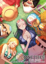  2girls 4boys adachi_yousuke antlers bikini bikini_top_only black_hair blue_hair blue_jacket blue_nose cane closed_eyes commentary_request copyright_name cropped_jacket cross eyewear_on_head facial_hair feather_boa food franky_(one_piece) from_above goatee hat hat_on_face headphones high_collar hood horns jacket japanese_clothes jewelry kimono long_hair long_nose lying monkey_d._luffy multiple_boys multiple_girls nami_(one_piece) navel necklace nico_robin official_art on_back on_grass one_piece one_piece_card_game orange_hair orange_kimono pearl_necklace pink_sarong red_shirt reindeer_antlers sandwich sarong scar scar_on_chest shirt sideburns sleeping smile straw_hat sunglasses swimsuit sword tony_tony_chopper usopp weapon 