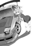  1girl animal_ear_fluff animal_ears blue_archive car closed_mouth coat cross-laced_footwear cross_hair_ornament english_commentary full_body greyscale hair_ornament halo hand_up highres jacket jun_project kneehighs leaning_forward long_sleeves looking_at_viewer miniskirt mismatched_pupils monochrome motor_vehicle nissan nissan_180sx plaid plaid_skirt pleated_skirt race_vehicle scarf school_uniform shadow shiroko_(blue_archive) shirt shoes short_hair skirt sneakers socks solo sports_car standing white_background wolf_ears wolf_girl 