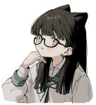  1girl animal_ears black-framed_eyewear black_hair blush cat_ears cat_girl collared_shirt glasses green_ribbon green_sailor_collar hand_on_own_chin highres long_hair long_sleeves looking_at_viewer mole mole_under_eye mormormorp neck_ribbon original parted_lips portrait ribbon sailor_collar school_uniform semi-rimless_eyewear shirt sidelocks simple_background sleeve_cuffs solo straight_hair teeth white_background white_shirt 