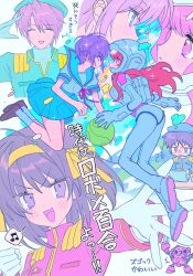  2boys 3girls :d asahina_mikuru astronaut blue_hat blue_jacket blue_sailor_collar blue_skirt brown_hair brown_shoes closed_eyes computer gloves hair_ribbon hairband hat helmet highres jacket kita_high_school_uniform koizumi_itsuki kyon laptop loafers long_hair looking_at_another mecha military_jacket mochoeru multiple_boys multiple_girls nagato_yuki open_mouth pink_jacket pleated_skirt purple_hair red_hair red_ribbon ribbon robot sailor_collar school_uniform serafuku shirt shoes short_hair short_sleeves skirt smile socks sos_brigade space_helmet sparkle summer_uniform suzumiya_haruhi suzumiya_haruhi_no_yuuutsu the_day_of_sagittarius tongue translation_request white_gloves white_shirt white_socks yellow_hairband yellow_ribbon 